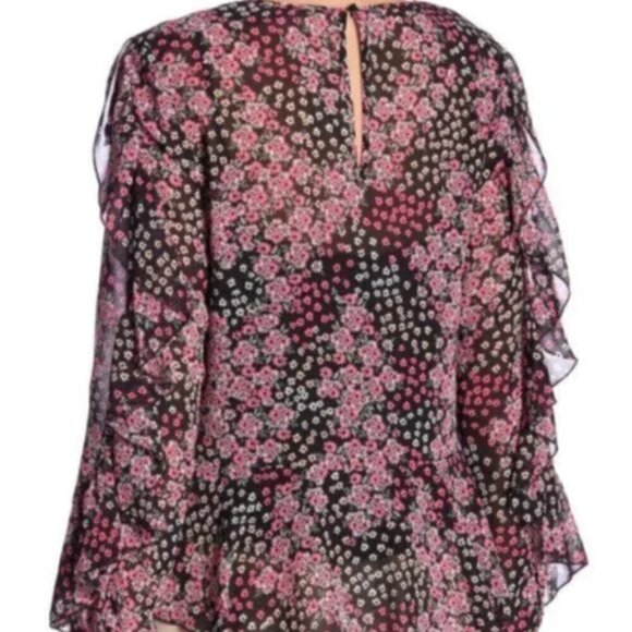 NANETTE Nanette Lepore Printed Ruffle Blouse Black Floral - Picture 2 of 15